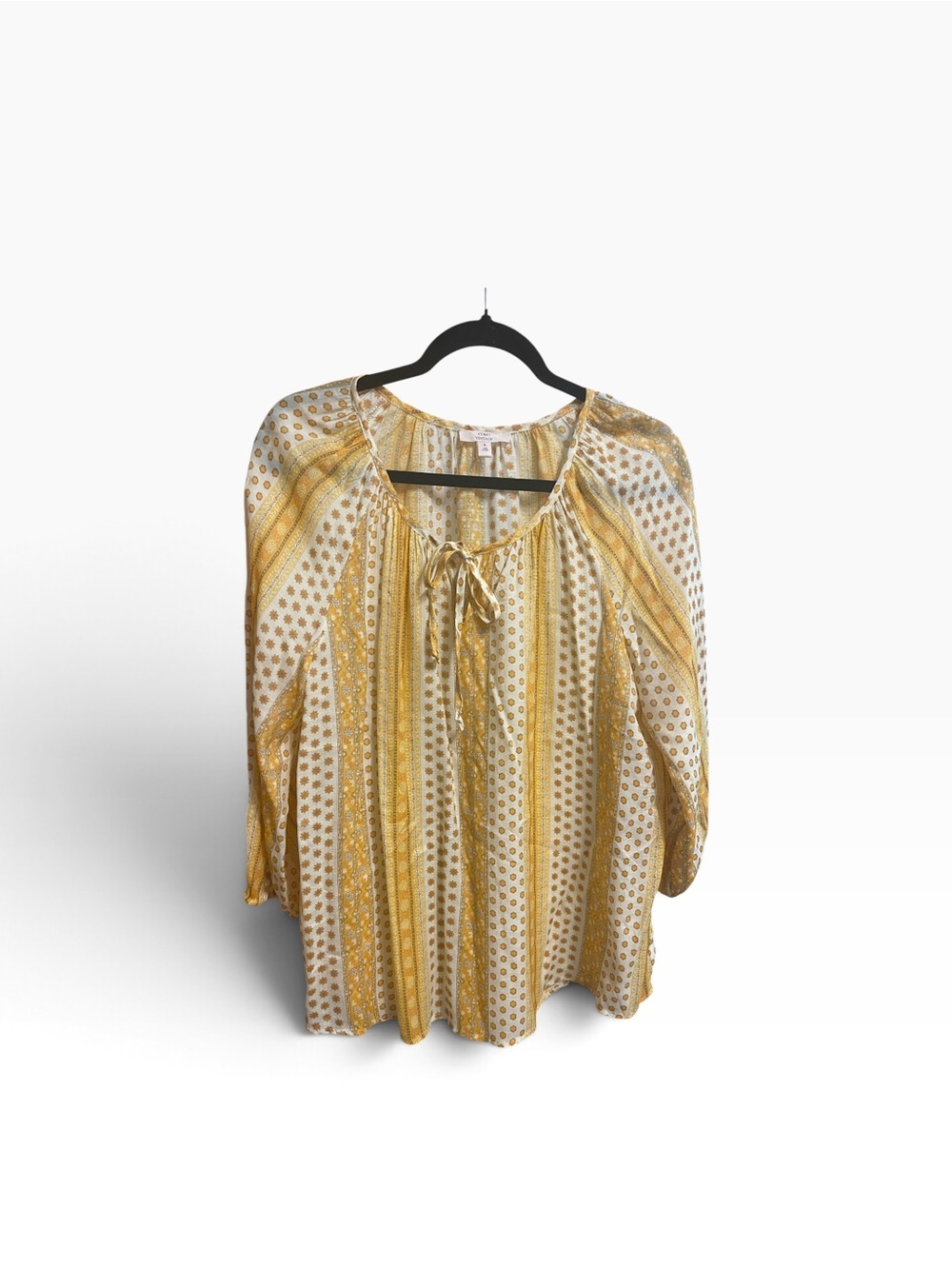 Como Vintage Printed Tie-Front Blouse in Yellow & White Large